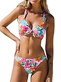 CUPSHE Damen Bikini Set Knoten V Ausschnitt Low Waist Cross Back Blumenmuster Bademode Zweiteiliger...