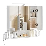 VASAGLE Badezimmerschrank mit LED-Beleuchtung, 14,5 x 70 x 70 cm, Stecker, Hängekorb,...