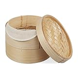 Relaxdays Bambus Dampfgarer, asiatischer Dämpfkorb mit 2 Etagen, für Dim Sum, Reis, Dampfgarer...