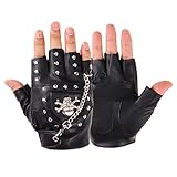 Halbfinger Punk Nieten PU Leder Handschuhe Schwarz Fahrradhandschuhe mit Metallkette für...