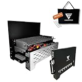 SCHNEIDERFREUDE Klappgrill 2.0: Höhenverstellbarer Camping-Grill mit Doppelfunktions-Zangen &...