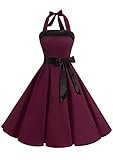 Timormode Damen Vintage Cocktailkleid Knielang Neckholder Swing Retro Rockabilly Kleid XL Burgundy