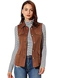 Allegra K Damen Faux Wildleder Ärmellose Jacke Utility Button Up Anorak Cargo Weste, braun, 38