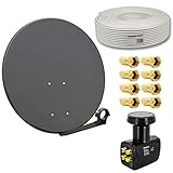 PremiumX Satelliten-Komplettanlage 80cm Satellitenschüssel Anthrazit SAT Quad LNB 50m Kabel 8X...