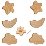 MHwan Schrankknöpfe, 6 Stück Massivholz Schubladenknöpfe Kinder, Sterne, Mond, Wolken Knauf für...