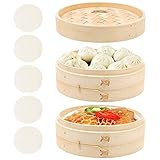 QUOTRE Dampfgarer Bambus 20 cm 2 Etagen Bambusdämpfe für Reis, Dim Sum, Gemüse, Fisch und Fleisch...