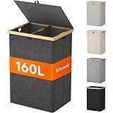 Lifewit 160L Bambus Wäschekorb mit Deckel, Faltbar Wäschesammler 2 Fächer Wäschesortierer mit...