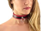 Halsfessel mit Ring der O schwarz rot Slave Halsband schmal Bondage Leder Style (rot-schwarz)