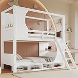 NuvlaGu Etagenbett mit Fallschutzgitter, Tisch und Schuhschrank, Kiefer+MDF+Sperrholz, Weiß,...