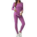 Jogginganzug Damen Set Winter Strickanzug Damen Set Gerippt Schlafanzug Kuschelig Zweiteiler Pyjama...