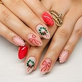 Künstliche Nägel für Weihnachten, Mandelform, kurze Kunstnägel mit roten Schleifen und...