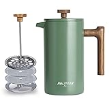 Poliviar French Press Kaffeebereiter 1 Liter/8 Tassen, Doppelwandige Isolierte Kaffeekanne und...