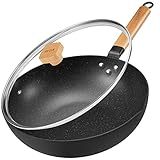 VisBeaut Induktions Wok Pfanne mit Deckel, Antihaft-Wokpfanne 30 cm, Wok zum Braten mit Holzgriff,...