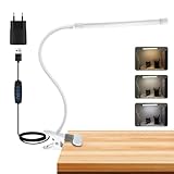 Akynite 8W Schreibtischlampe Klemmbar Weiß, Adapter Enthalten, USB Klemmlampe mit Schalter und...