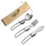 AllEco® Edelstahl Campingbesteck für unterwegs + GRATIS Stoffbeutel Outdoor faltbares Klappbesteck...