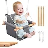 Babyschaukel, Kinderschaukel Babysitz Set Indoor aus Holz, Holzschaukel mit Grau Sitzkissen aus...