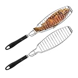 Relaxdays Fischbräter 2er Set, Edelstahl, Gummigriff, 58,5 cm lang, Fischhalter zum Grillen,...