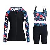 Owntop Damen 3-teiliger Rash Guard | UPF50+ Badeanzüge Kapuzen UV-Shirt | Langarm Reißverschluss...