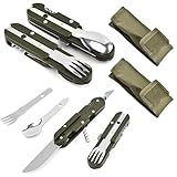 2 Stück Outdoor Bundeswehr Besteck Edelstahl Campingbesteck Essbesteck, 5 in 1 Folding Cutlery...