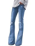 Roskiky Damen Stretch Denim Flare Jeans Schlaghosen Ausspülen Wash Out Jeans Hellblau Größe XL
