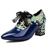 Eestfy Damen Oxford Brogue Pumps Hoher Blockabsatz Spitzkappe Schnürung Vintage Stil Für Büro und...