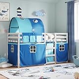 Yunovire Etagenbett mit Vorhängen Blau, 90x200 cm, Massivholz Kiefer, stabil, langlebig, mit...