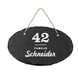 Schiefertafel mit Hausnummer (oval) | personalisiert mit Familiennamen | Türschild zum Aufhängen |...