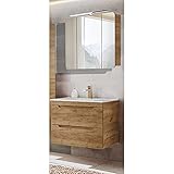 Lomadox Badmöbel Waschplatz Set mit 81 cm Waschtisch & LED-Spiegelschrank, Wotan Eiche Nb., B/H/T...