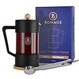 BONACE French Press aus Glas | Geschenk-Set | Kaffepresse mit Filter | Stempel und Untersetzer aus...