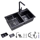 Schwarze Doppelbeckenspüle Granit Küchenspüle mit Einbaus- und Unterbau und Edelstahl Zubehör...