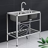 Küchenspüle Gewerbliche，2 Becken Mobiles Küche Spültisch mit Wasserhahn，mit Wasserhahn mit...