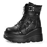 Gothniero Damen Kampf Motorrad Stiefel Schwarz Plattform Chunky Knöchel Moto Festival Rave Goth...