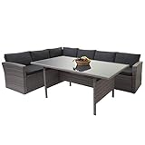 Mendler Poly-Rattan-Garnitur HWC-A29, Gartengarnitur Sitzgruppe Lounge-Esstisch-Set Sofa - grau,...