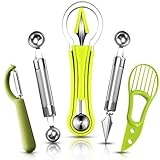 5 Stück Obst Löffel Cutter Set, 4 in 1 Edelstahl Melonenlöffel Schnitzmessern und Zweiseitiger...