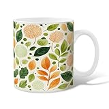 Keramik-Kaffeetasse mit Blättern, Herbst-Naturblumen, Knospen, Herbstgrün, Büro-Trinkbecher mit...