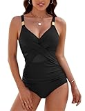 Svanco Badeanzug Damen Bauchweg Shaping Bademode Wickeloptik V Ausschnitt Cut Out Sexy Mesh...