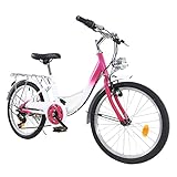 HANGKAI 20 Zoll Kinder Mädchen Fahrrad, 6-Gang Citybike, Rosa Kinderfahrrad, Urban Faltrad mit...