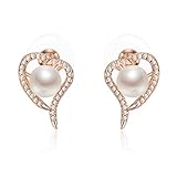 CRANE PEARL Damen Ohrringe, Herz Ohrringe Perlen Rosegold mit 7-8mm Süßwasser-Zuchtperlen...