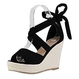 VAN HILL Damen Keilsandaletten Keilabsatz Bast Trendy Schuhe 216971 Schwarz 39