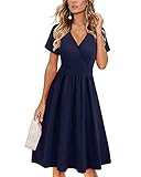 VOTEPRETTY Sommerkleid Damen Knielang Kleid Kurzarm V Ausschnitt Wickelkleid Blumen Strandkleid mit...