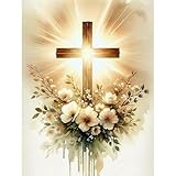 Diamond Painting Jesus Kreuz 5D DIY Set mit Blumenmotiv und Lichtstrahlen Christliche Wanddeko für...