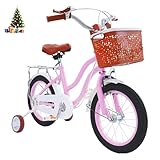 HUOMMGS Kinderfahrrad 14 Zoll Retro Stil Kinderfahrrad mit Stützrädern, Rücksitz, Korb...