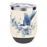 Jubonexis Blauer und weißer Vogel Vintage Weinglas Edelstahl isolierter Becher doppelwandiger...