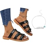 Sommer Neu Pantoffeln Mit Niet Damen Casual Flache Schlappen PU-Leder Hohl Hausschuhe Retro Offener...