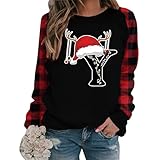 Weihnachten Damen Fashion T-Shirt Langarm Bluse mit Plaid Bedrucktem Buchstaben Design (Black, XXL)