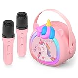 Fippesax Kinder Karaoke Maschine mit 2 kabellosen Bluetooth Mikrofonen, Kompaktes Einhorn...