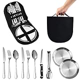 REFORUNG 10-teiliges Camping Teller Besteck Set Picknick-Set Edelstahl Portable Camping Besteck...