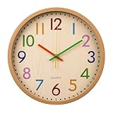 APIELE 12 Zoll Silent Bunte Buchstaben Kinder Wanduhr Modern Holzmaserung Quarz Nicht Zeit Reisen...