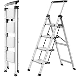 XinSunho Stufenleiter, Klapptritt 4 Stufen mit Ausziehbarem Handlauf, Aluminium Tritthocker,...