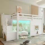 Kinderbett 90x200 cm mit Stauraumtreppe, Halbhohes Hochbett mit Fenster, Funktionsbett mit Regal,...